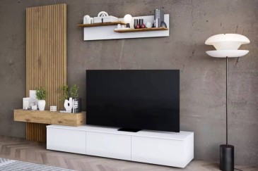 Móvel de TV para sala de estar DAPHNE Branco e Carvalho