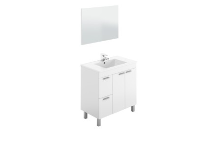 Móvel de casa de banho de 80 cm com 2 portas e 2 gavetas em branco brilho