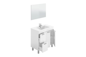 Móvel de casa de banho de 80 cm com 2 portas e 2 gavetas em branco brilho