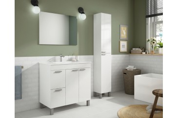 Móvel de casa de banho de 80 cm com 2 portas e 2 gavetas em branco brilho