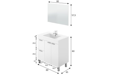 Móvel de casa de banho de 80 cm com 2 portas e 2 gavetas em branco brilho