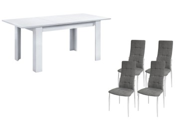 Pack de 1 mesa de sala extensível branca + 4 cadeiras Sakura cinzentas