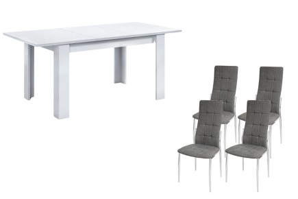 PACK na mesa de salón extensible color blanco y 4 sillas Sakura gris a un precio ESPECTACULAR.