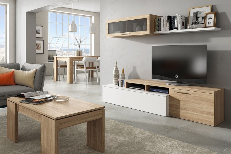 Pack salón completo Nexus color Roble Canadian y Blanco Brillo Pack salón completo Nexus color Roble Canadian y Blanco Brillo
