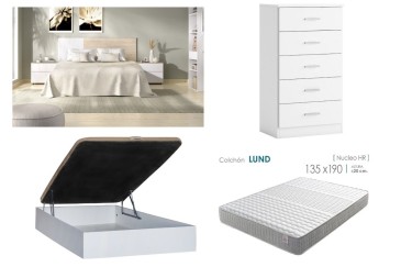 PACK Quarto MAIA + Sommier com arrumação RECKTO 135 + Colchão LUND + Cômoda COUPLE