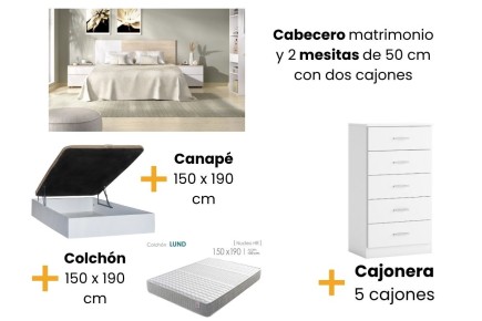 Quarto de Casal MAIA + Sommier com arrumação 150 + Colchão 150x190 + Cômoda AO MELHOR PREÇO