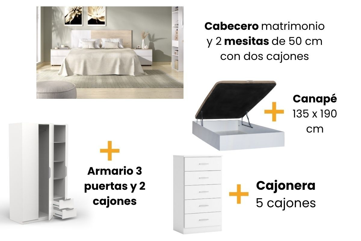 PACK Quarto MAIA + sommier com arrumação RECKTO 135 + Cómoda COUPLE + Roupeiro GHOST PACK Quarto MAIA + sommier com arrumação RECKTO 135 + Cómoda COUPLE + Roupeiro GHOST