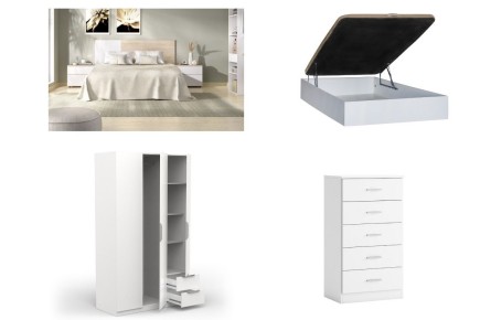 PACK Quarto MAIA + sommier com arrumação RECKTO 135 + Cómoda COUPLE + Roupeiro GHOST