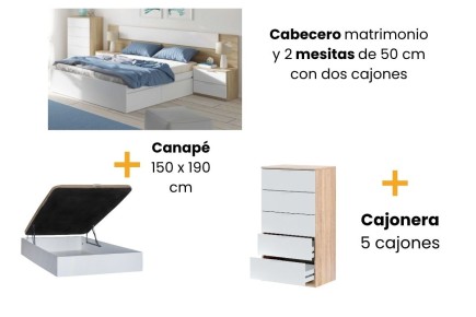 Dormitorio matrimonio Mediterraneo + canapé 150 + Cajonera 5 cajones