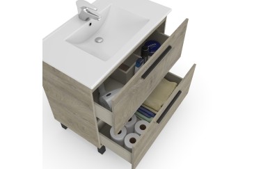 Mueble de baño con 2 cajones en color roble + columna de 2 puertas