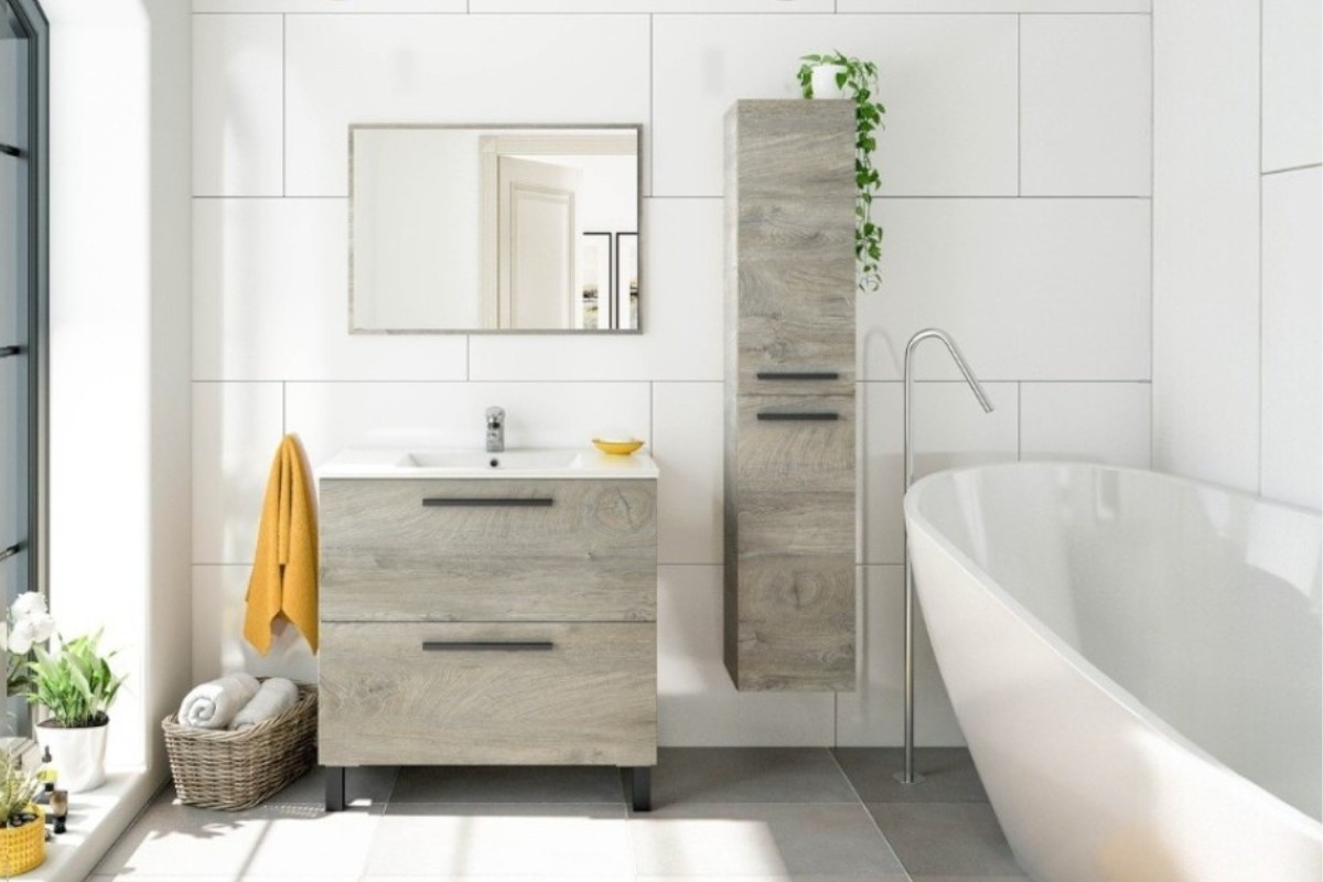 Pack Mueble de Baño ATHENA Roble 2 Cajones y Espejo + Columna 2 P