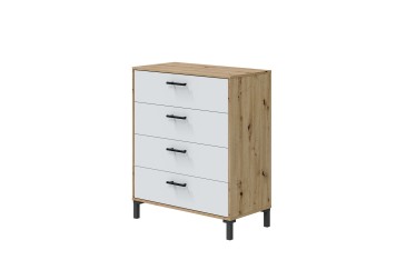 Cômoda de 4 gavetas nas cores carvalho e branco.