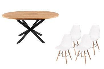 PACK de 1 Mesa de salón circular extensible + 4 Sillas NORDIC color BLANCO