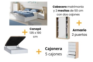 PACK Quarto MEDITERRANEO + Cama Rebatível RECKTO 135 + Roupeiro TOP + Cómoda com Gavetas