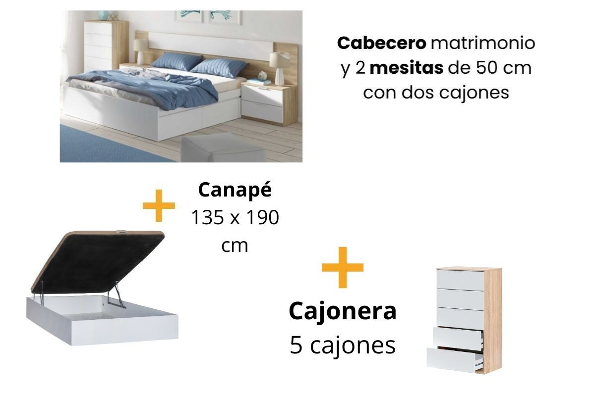 PACK Quarto MEDITERRANEO + sommier com arrumação RECKTO 135 + Cómoda MEDITERRANEO