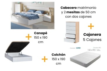 Pack Quarto de casal + Sommier com arrumação 150 + Colchão  + Cómoda