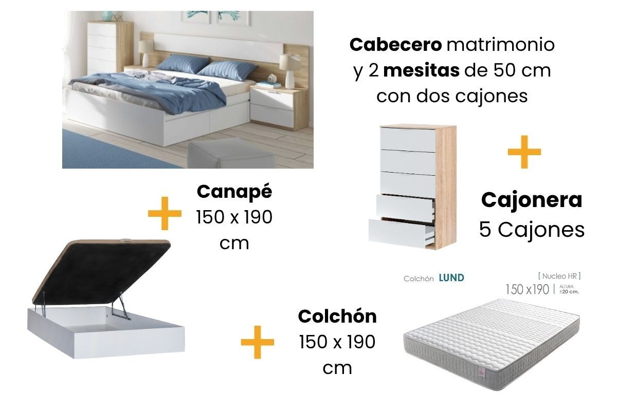 PACK Dormitorio MEDITERRANEO + Canapé RECKTO 150 + Colchón LUND + Cómoda PACK Dormitorio MEDITERRANEO + Canapé RECKTO 150 + Colchón LUND + Cómoda