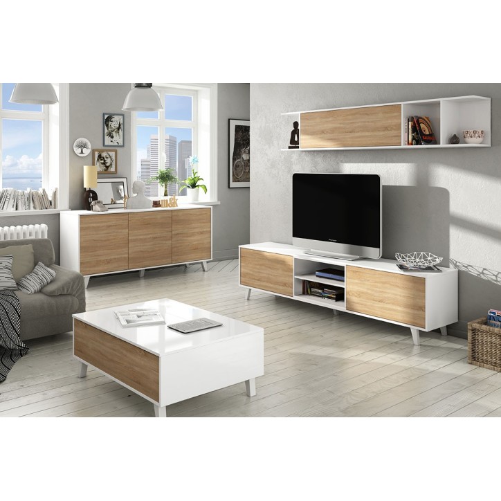 Mueble de salón – comedor ZAIKEN PLUS en color Roble Canadian y Blanco Brillo al MEJOR PRECIO