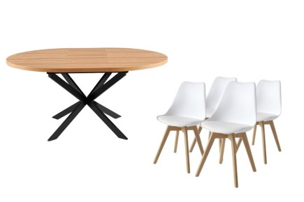 PACK de 1 Mesa de jantar circular extensível + 4 Cadeiras BEECH cor BRANC