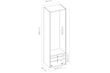 Módulo para roupeiro de 120 cm, composto por 2 aberturas com 2 calhas + 2 sapateiras com porta com dobradiças