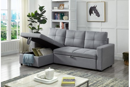Sofá Chaiselongue Cama BRIENNE Capitone Gris REVERSIBLE