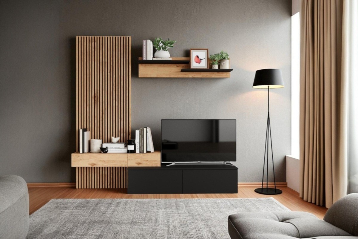 Móvel de sala TV CHLOE Preto e Carvalho