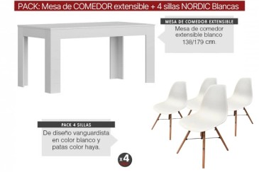 PACK de 1 Mesa de salón extensible + 4 Sillas Nordic de diseño en color Blanco
