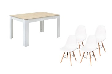 PACK de 1 Mesa de salón extensible + 4 Sillas TOWER de diseño en color Blanco