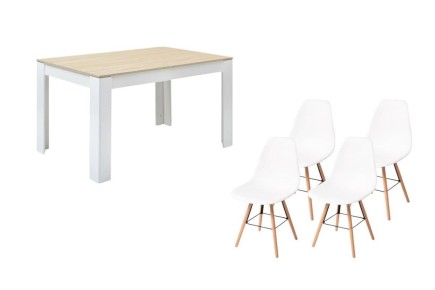 PACK de 1 Mesa de salón extensible + 4 Sillas TOWER de diseño en color Blanco