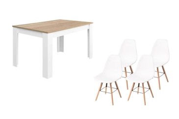 PACK de 1 Mesa de salón extensible + 4 Sillas de diseño en color Blanco