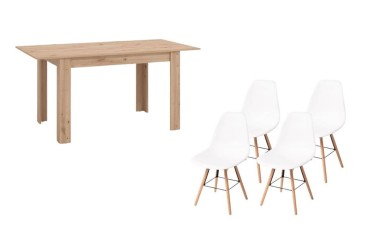 PACK de 1 Mesa de salón extensible + 4 Sillas Nordic de diseño en color Blanco