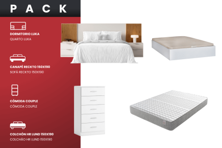 PACK Dormitorio LUKA + Canape 150 + Colchon 150 + Comoda blanca