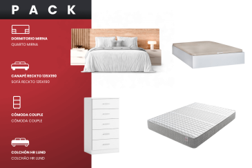 PACK Dormitorio MIRNA + Canapé 135 + Colchón 135 + Cómoda blanca