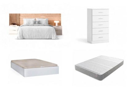 PACK Dormitorio MIRNA + Canapé 150 + Colchón 150 + Cómoda blanca