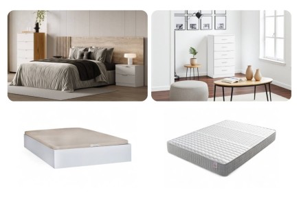 Pack Dormitorio matrimonio + canape 150 cm + colchon 150 cm + cómoda