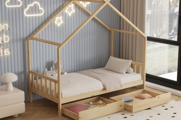 Original cama infantil em forma de cabana na cor carvalho natural