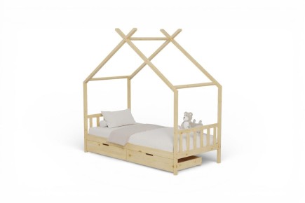 Original cama infantil con forma de cabaña en color roble natural