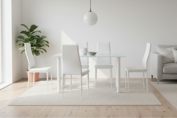 PACOTE de 1 mesa de centro de vidro branco + 4 cadeiras de cor branca