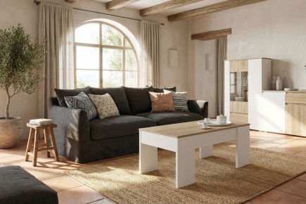 Mesa centro elevable Mediterraneo en Blanco y Roble