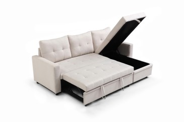 Sofá Chaiselongue Cama LUVIY Capitoné Bege REVERSÍVEL