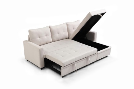 Sofá Chaiselongue Cama LUVIY Capitoné Bege REVERSÍVEL