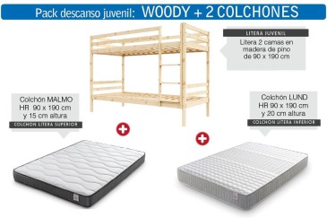 Pack beliche WOODY Natural 2 camas em pinho 90x190 cm | Atrapamuebles