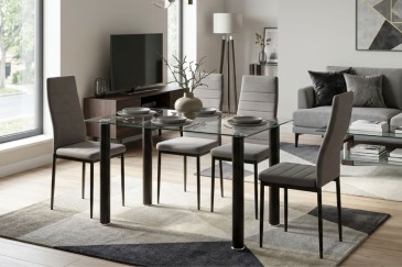 PACOTE de 1 mesa de centro em vidro transparente + 4 cadeiras em cinzento