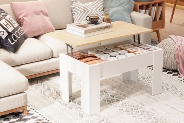 Mesa centro elevable VIKA Roble Canadian y Blanco 90 cm