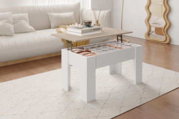 Mesa centro elevable VIKA Roble Natural y Blanco 90 cm