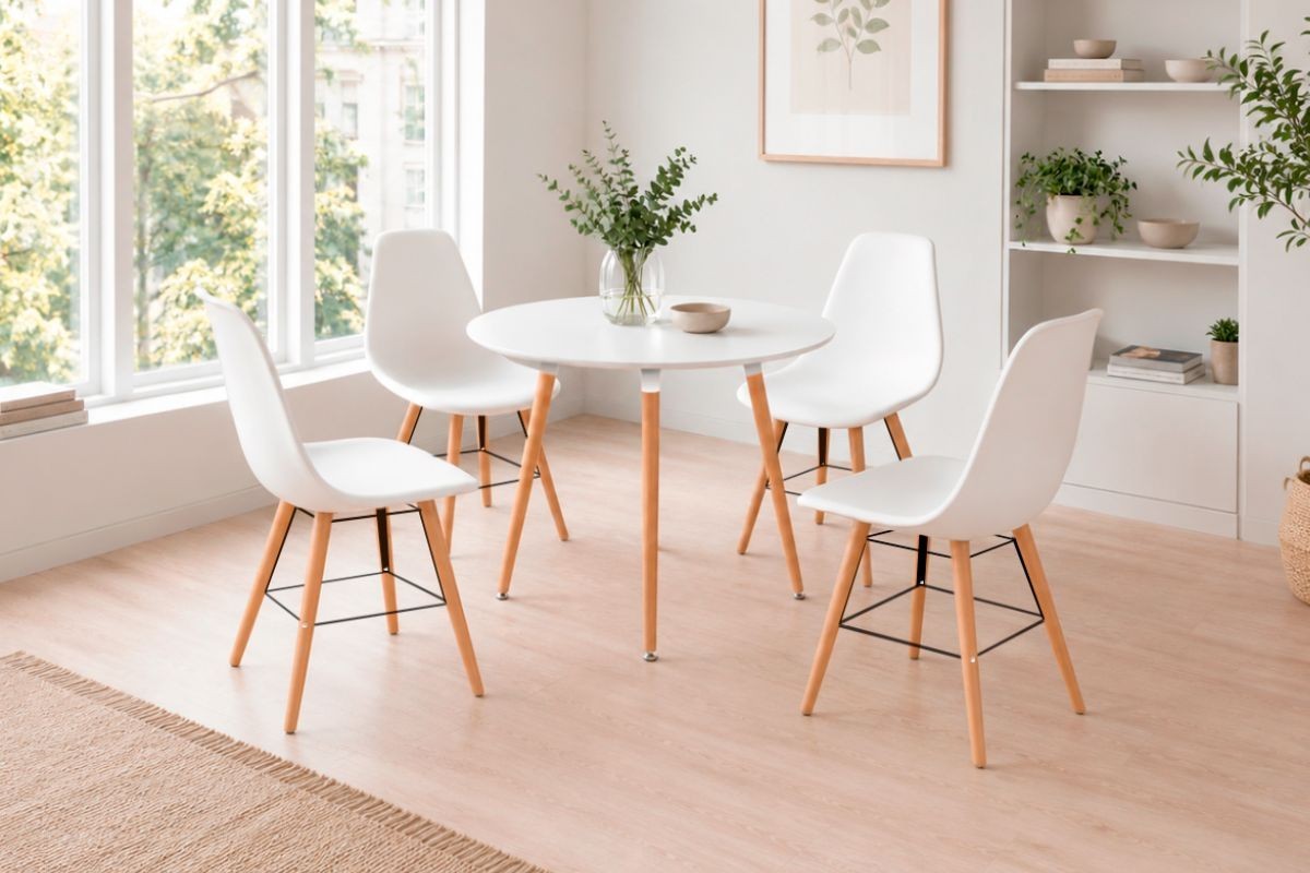 Pack Mesa de Jantar Redonda + 4 Cadeiras NORDIC Brancas
