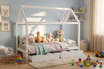 Cama de criança branca original em forma de cabana com gavetas