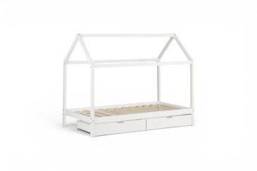 Cama de criança branca original em forma de cabana com gavetas