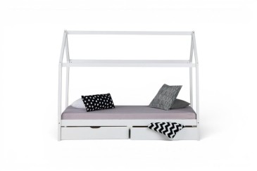 Cama de criança branca original em forma de cabana com gavetas