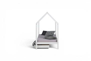 Cama de criança branca original em forma de cabana com gavetas